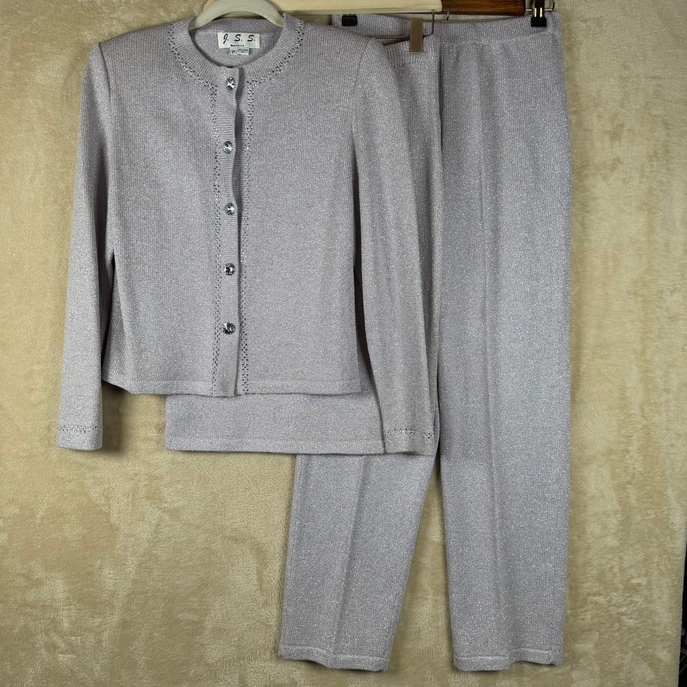 J.S.S. Vintage Women Metallic Knit Pant Suit Silver Wool Blend Rhinestone Petite